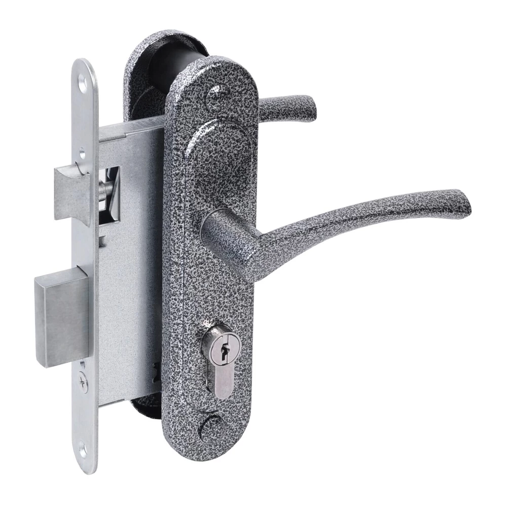 Фото Замок врезной цилиндровый с защёлкой в комплекте с ручкой ЗВ4-3/07 (серебро антик), 4 кл.